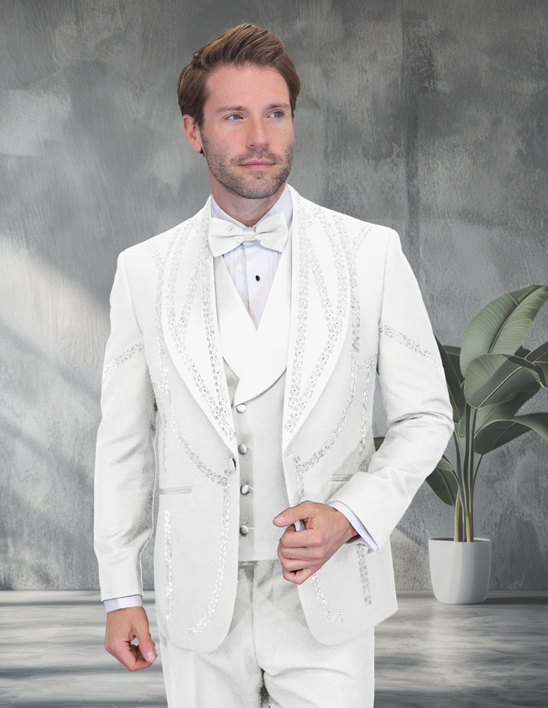 Men’s White 3pc tuxedo Italian wool modern fit flat front pants stone embellishments STATEMENT SUITS CHIC