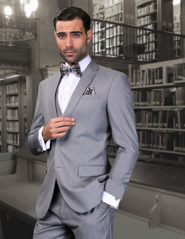 Men’s Gray 3pc suit ultra slim fit super 150’s italian wool STATEMENT SUITS CORTA