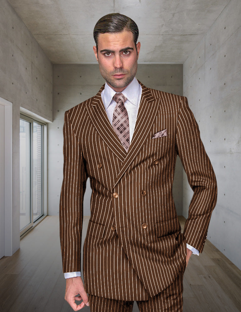 Men’s Bronze pinstripe double-breasted suit regular fit pleated pants super 150’s italian wool STATEMENT SUITS DB-ZARELLI