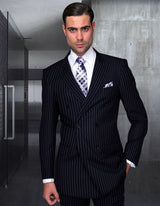 Men’s Navy pinstripe double-breasted suit regular fit pleated pants super 150’s italian wool STATEMENT SUITS DB-ZARELLI