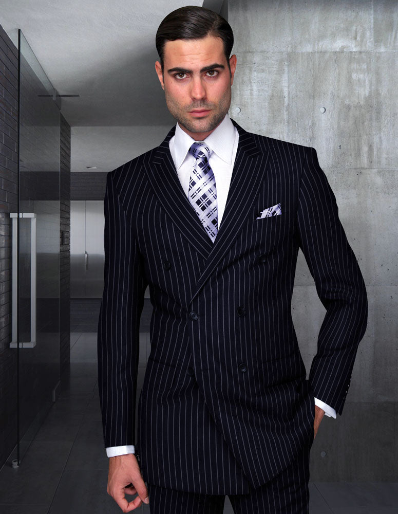 Men’s Navy pinstripe double-breasted suit regular fit pleated pants super 150’s italian wool STATEMENT SUITS DB-ZARELLI
