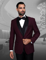 Men’s Burgundy solid 3pc suit tailored fit flat front pants matching bow-tie STATEMENT SUITS ENCORE