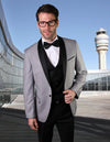 Men’s Grey solid 3pc suit tailored fit flat front pants matching bow-tie STATEMENT SUITS ENCORE