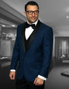 Men’s Indigo solid 3pc suit tailored fit flat front pants matching bow-tie STATEMENT SUITS ENCORE