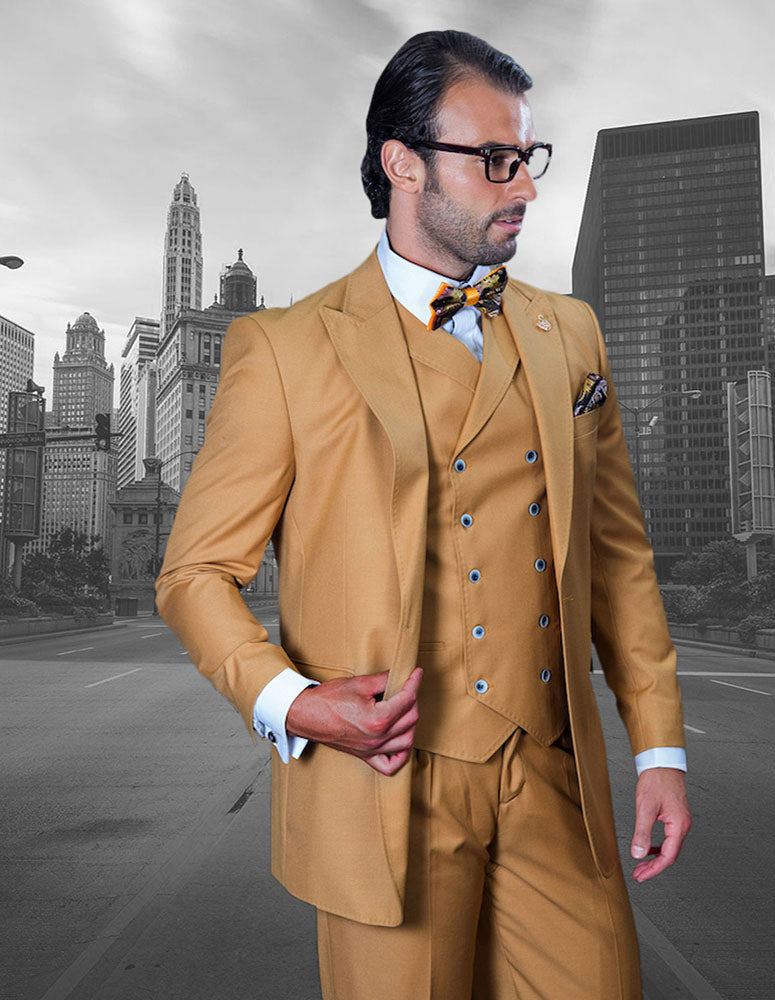 Men’s Camel solid 3pc suit modern fit wide‑leg pants double‑breasted vest super 180’s italian wool STATEMENT SUITS FLORENCE