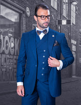 Men’s Sapphire solid 3pc suit modern fit wide‑leg pants double‑breasted vest super 180’s italian wool STATEMENT SUITS FLORENCE