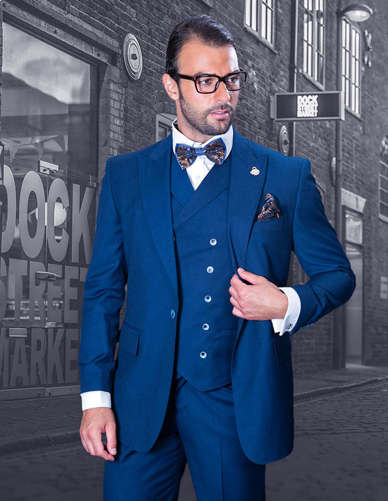 Men’s Sapphire solid 3pc suit modern fit wide‑leg pants double‑breasted vest super 180’s italian wool STATEMENT SUITS FLORENCE