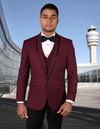 Men’s Burgundy solid 3pc suit tailored fit flat front pants bow-tie STATEMENT SUITS GENOVA