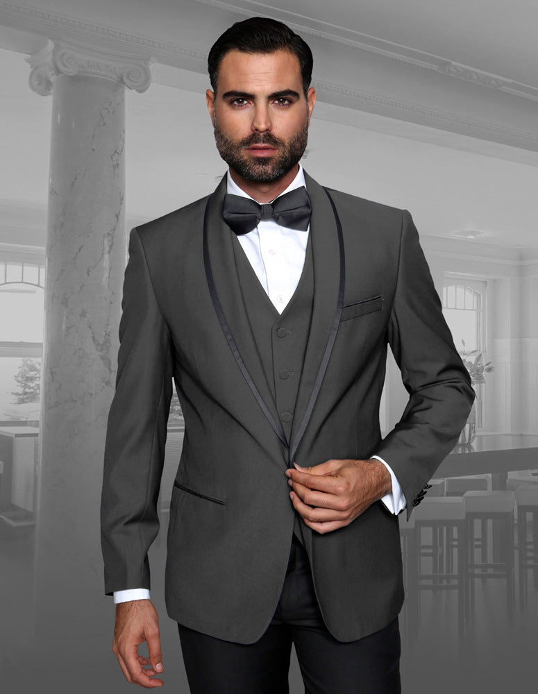 Men’s Charcoal solid 3pc suit tailored fit flat front pants bow-tie STATEMENT SUITS GENOVA