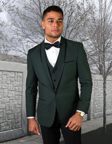 Men’s Hunter solid 3pc suit tailored fit flat front pants bow-tie STATEMENT SUITS GENOVA