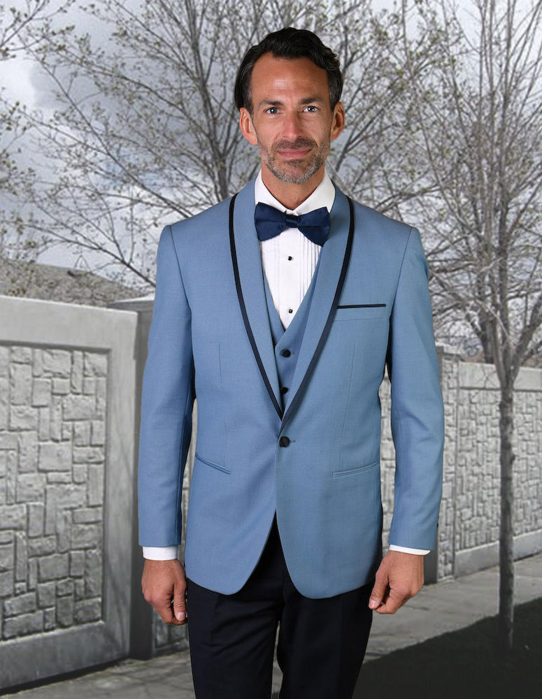 Men’s SteelBlue solid 3pc suit tailored fit flat front pants bow-tie STATEMENT SUITS GENOVA