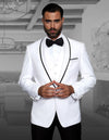 Men’s White solid 3pc suit tailored fit flat front pants bow-tie STATEMENT SUITS GENOVA