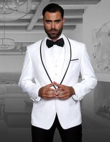 Men’s White solid 3pc suit tailored fit flat front pants bow-tie STATEMENT SUITS GENOVA