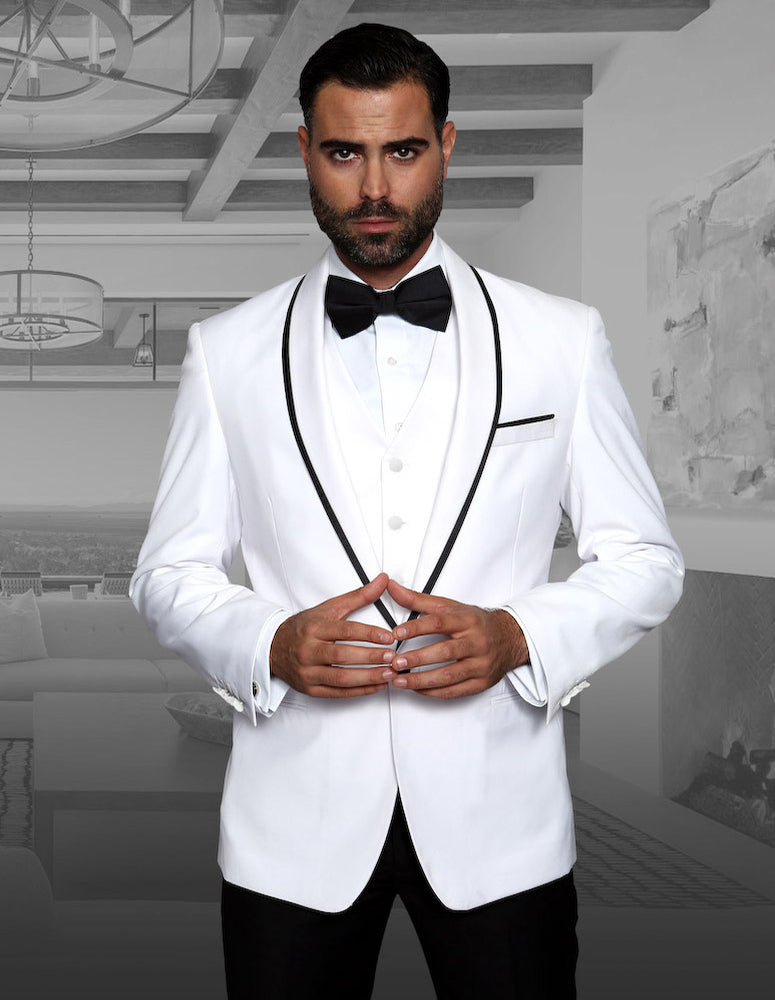 Men’s White solid 3pc suit tailored fit flat front pants bow-tie STATEMENT SUITS GENOVA