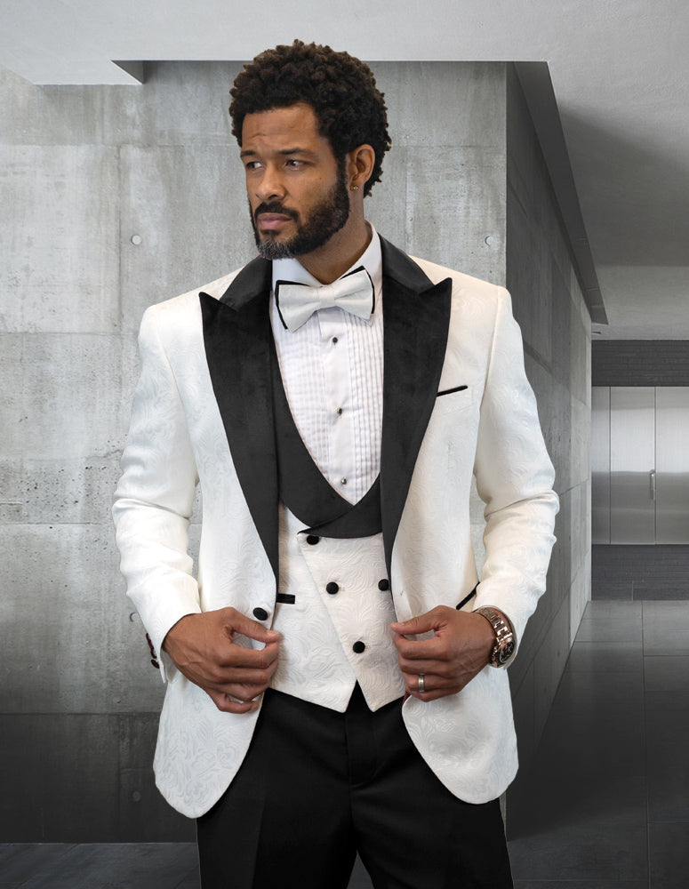 3pc Whitetuxedo Suit With Black Lape Fancy Jacket And Vest With Solid Color Pants. Including Bow Tie| HILTON| Black