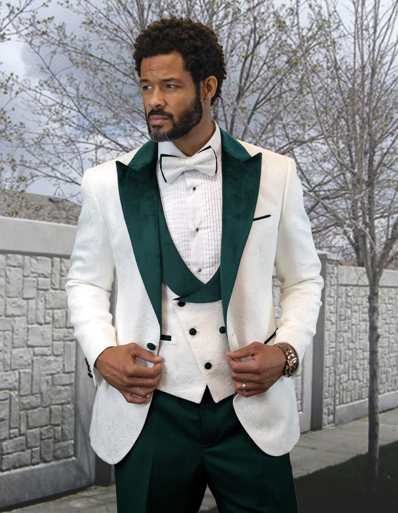 3pc Whitetuxedo Suit With Black Lape Fancy Jacket And Vest With Solid Color Pants. Including Bow Tie| HILTON| Hunter