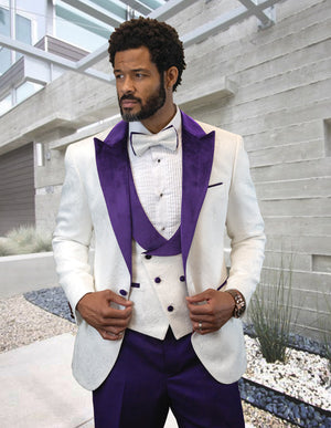 3pc Whitetuxedo Suit With Black Lape Fancy Jacket And Vest With Solid Color Pants. Including Bow Tie| HILTON| Purple