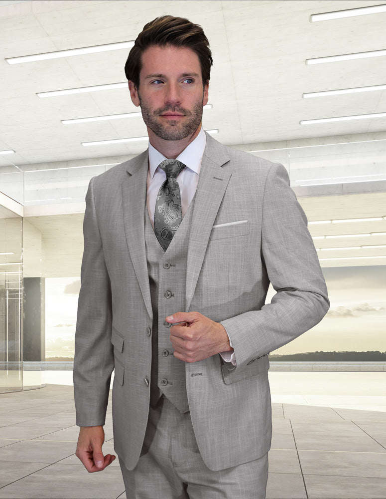 Men’s Gray sharkskin 3-piece suit modern fit Italian wool STATEMENT SUITS LARZO