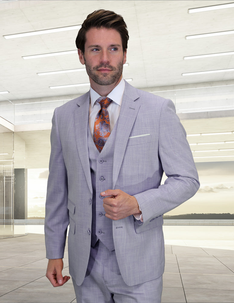 Men’s Lavender sharkskin 3-piece suit modern fit Italian wool STATEMENT SUITS LARZO