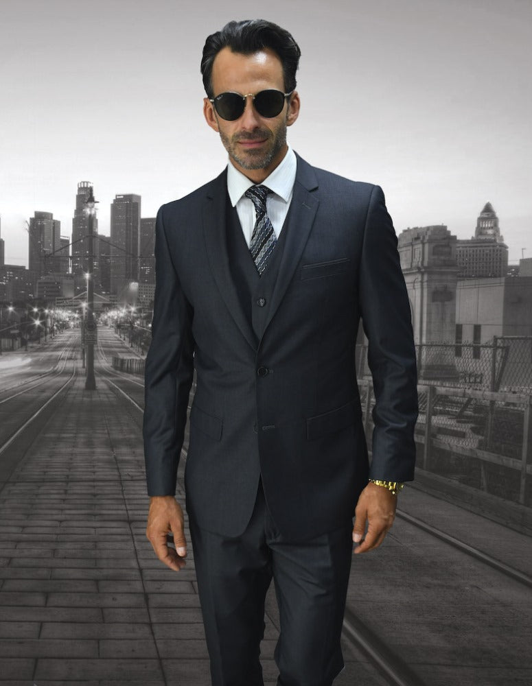 Men’s Charcoal solid 3pc suit slim fit flat-front pants super 150’s wool STATEMENT SUITS LORENZO