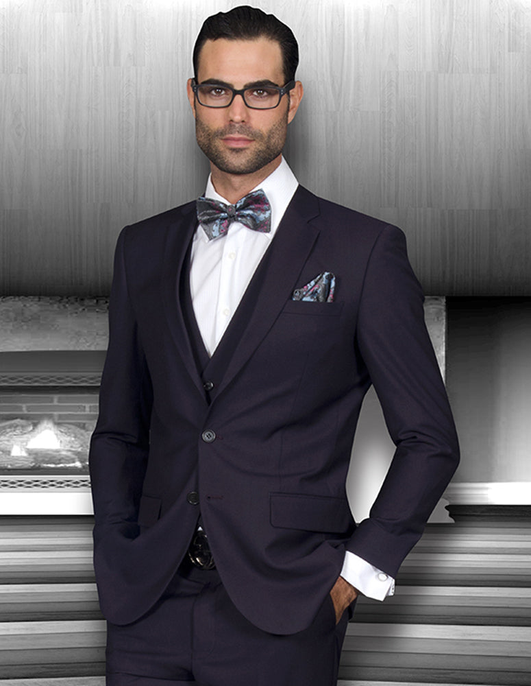 Men’s EggPlant solid 3pc suit slim fit flat-front pants super 150’s wool STATEMENT SUITS LORENZO