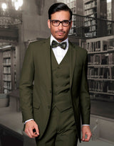 Men’s Olive solid 3pc suit slim fit flat-front pants super 150’s wool STATEMENT SUITS LORENZO