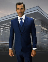 Men’s Sapphire solid 3pc suit slim fit flat-front pants super 150’s wool STATEMENT SUITS LORENZO