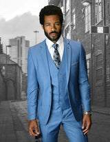 Men’s Steel Blue solid 3pc suit slim fit flat-front pants super 150’s wool STATEMENT SUITS LORENZO