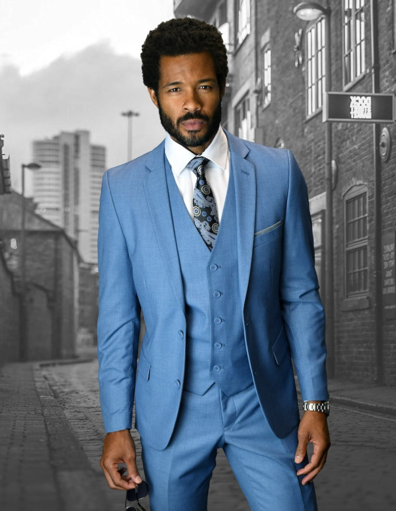Men’s Steel Blue solid 3pc suit slim fit flat-front pants super 150’s wool STATEMENT SUITS LORENZO