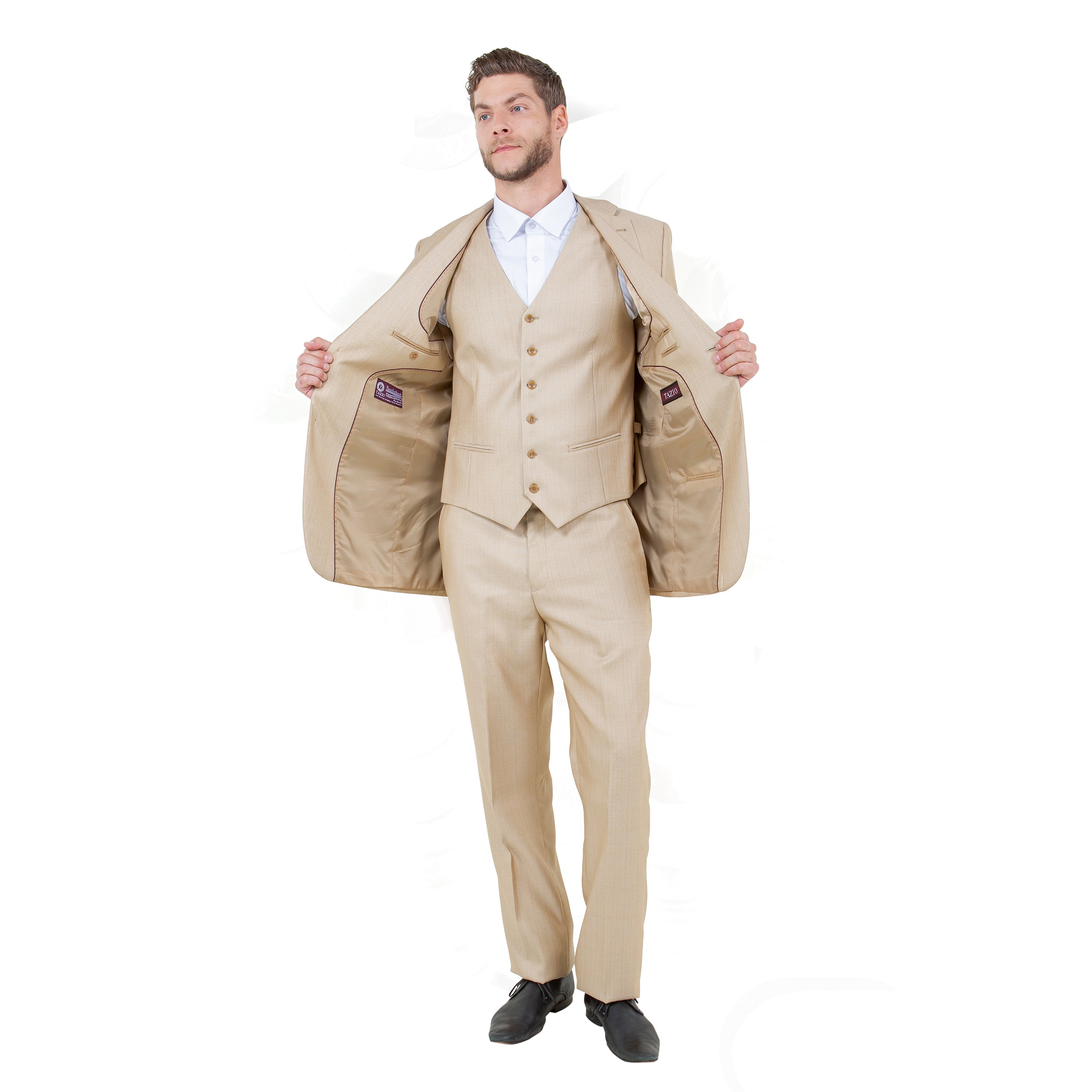 Lt. Beige Solid Shiny Sharkskin 3-PC Regular Modern Fit Suits