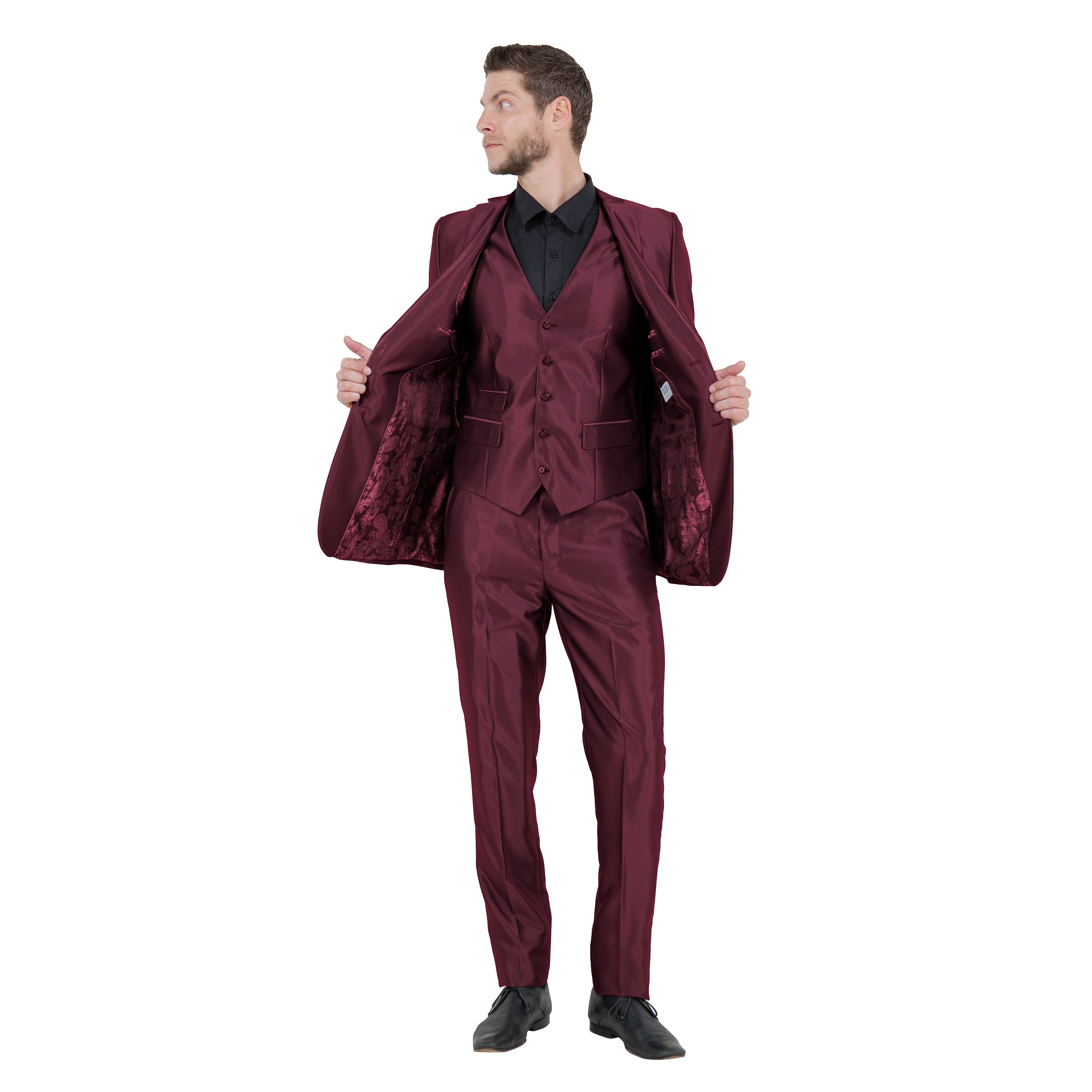 Burgundy Men's Sharskin Slim-Fit 3-Piece Suit