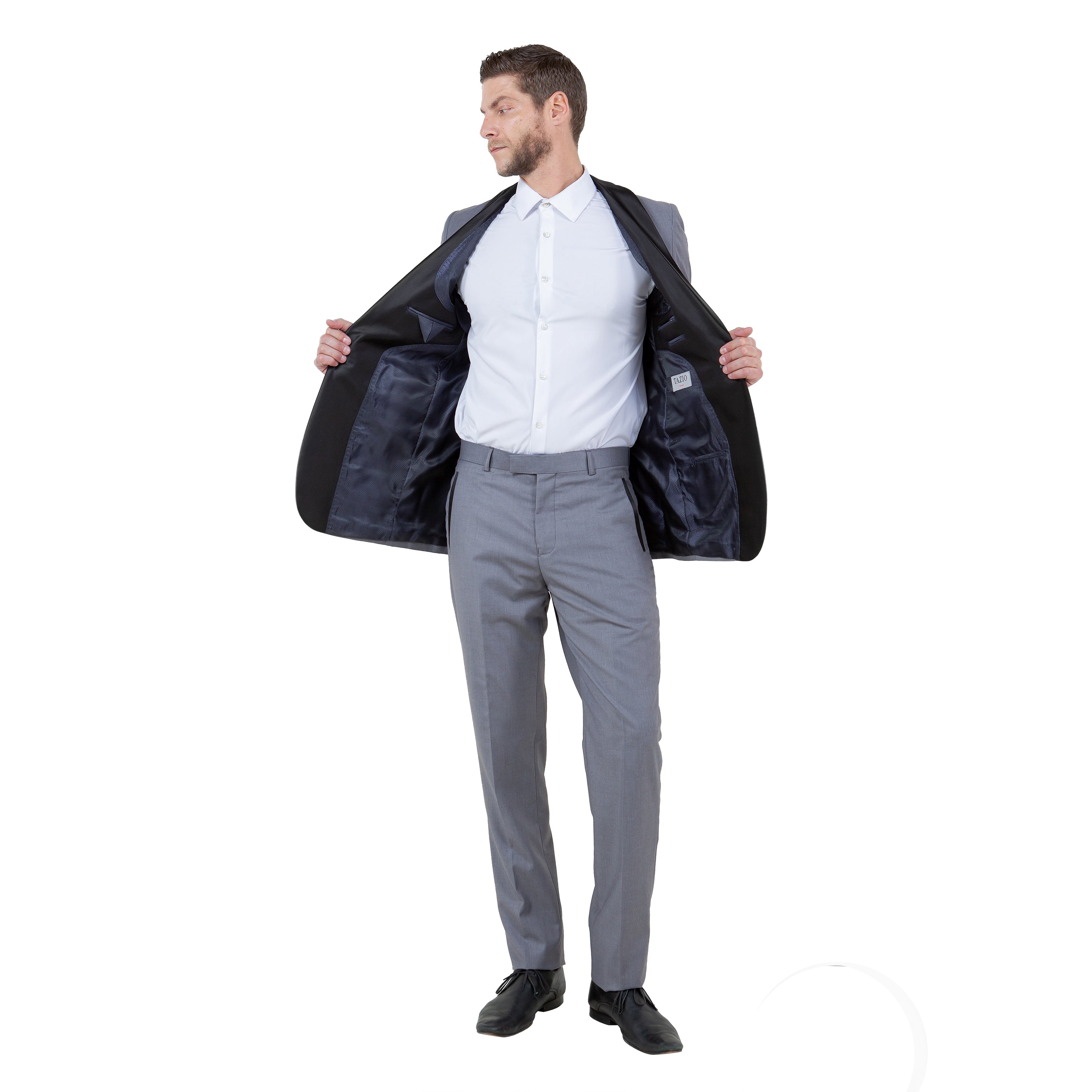 Gray / Black Solid with Black Shawl Collar Trim 2-PC Slim Fit Suits