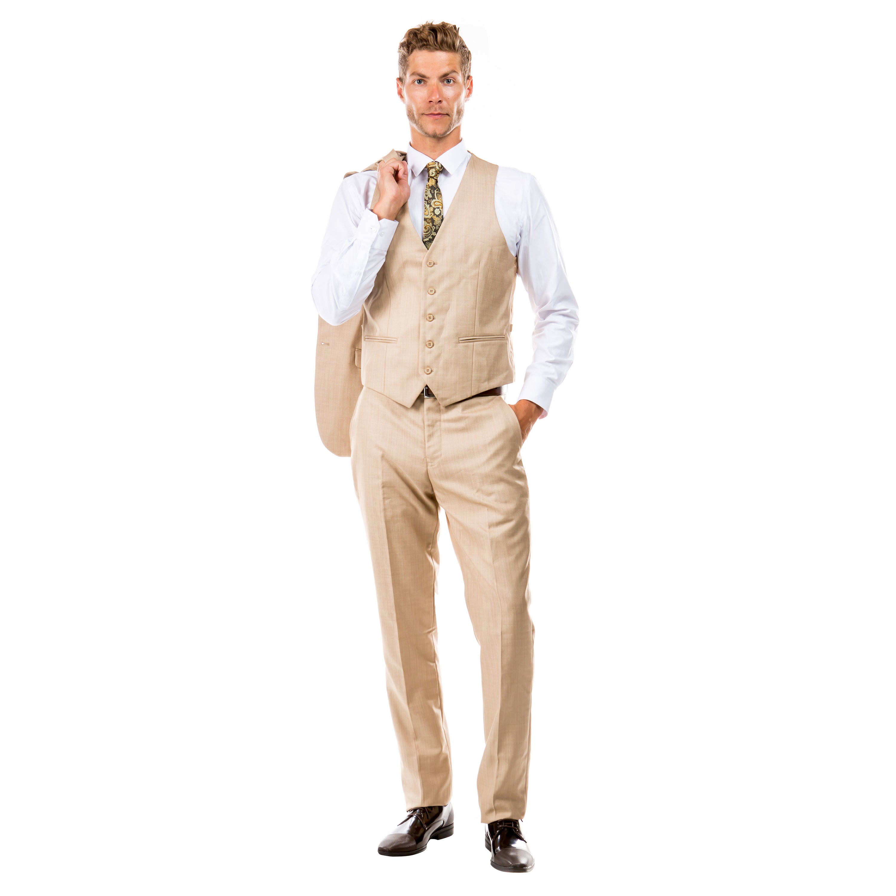 Dark Tan Men's Slim-Fit 3-Piece Sharkskin Suit