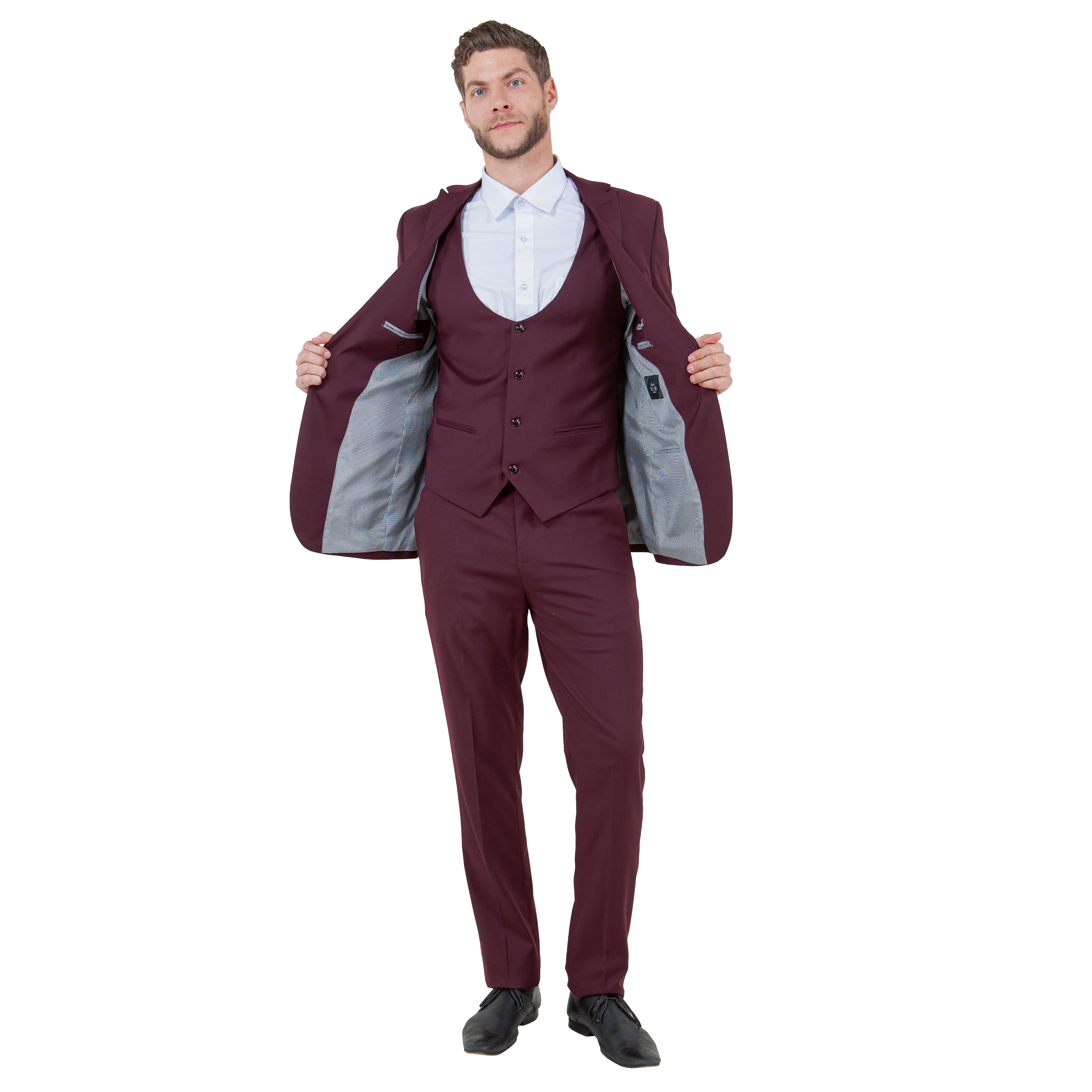 Burgundy Men's Ultra Slim-Fit 3pc Suit w/ Expandable Waistband