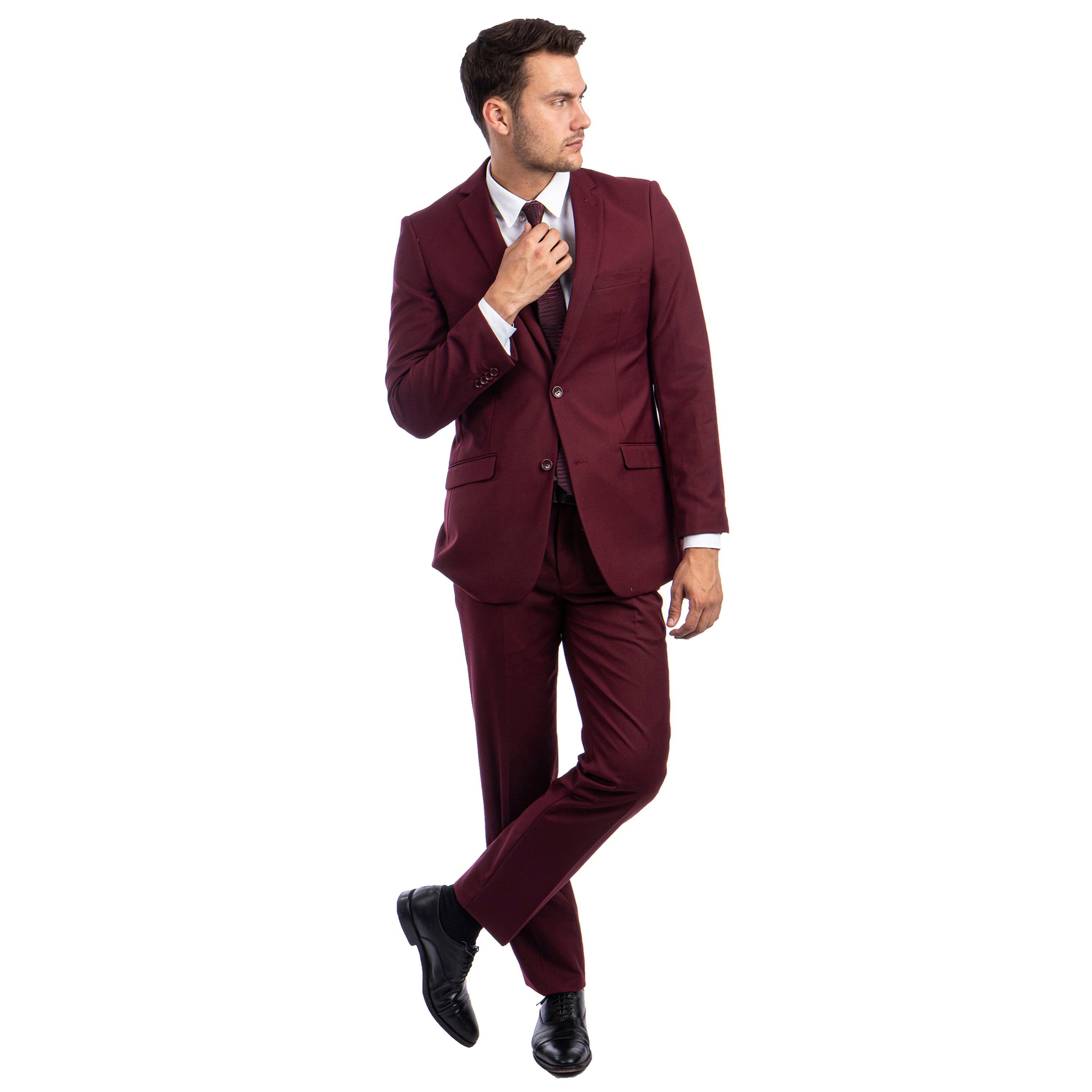 Burgundy Men's Hybrid-Fit 3pc Paisley Suit w/ Wide Black Shawl Collar