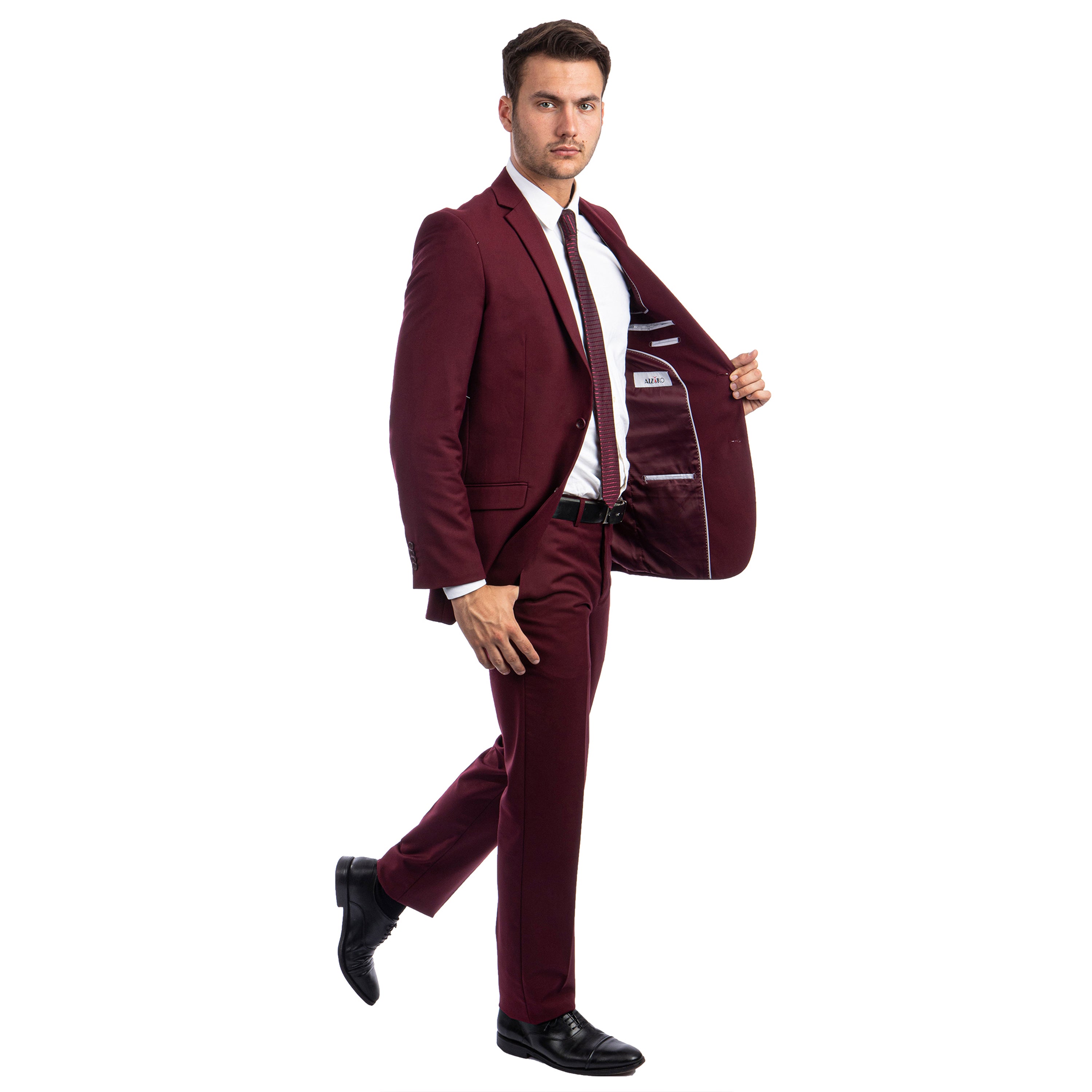 Burgundy Men's Hybrid-Fit 3pc Paisley Suit w/ Wide Black Shawl Collar