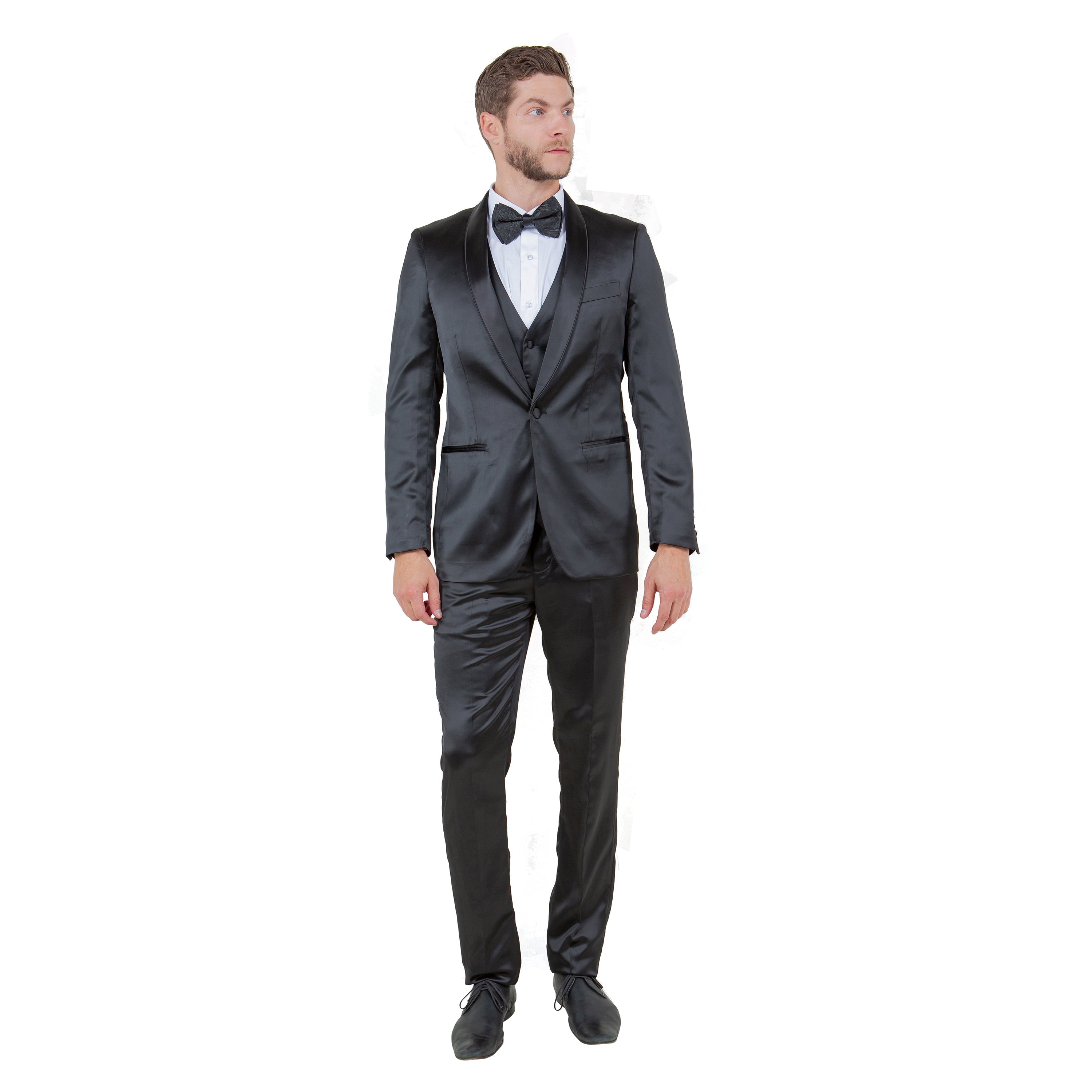 Mens 3pc Solid Satin Suit Set w/ Free Bowtie