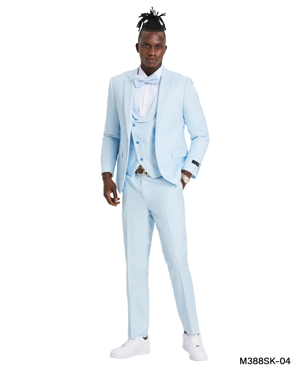 Sky Blue Suit with U-Shaped Shawl Collared Vest