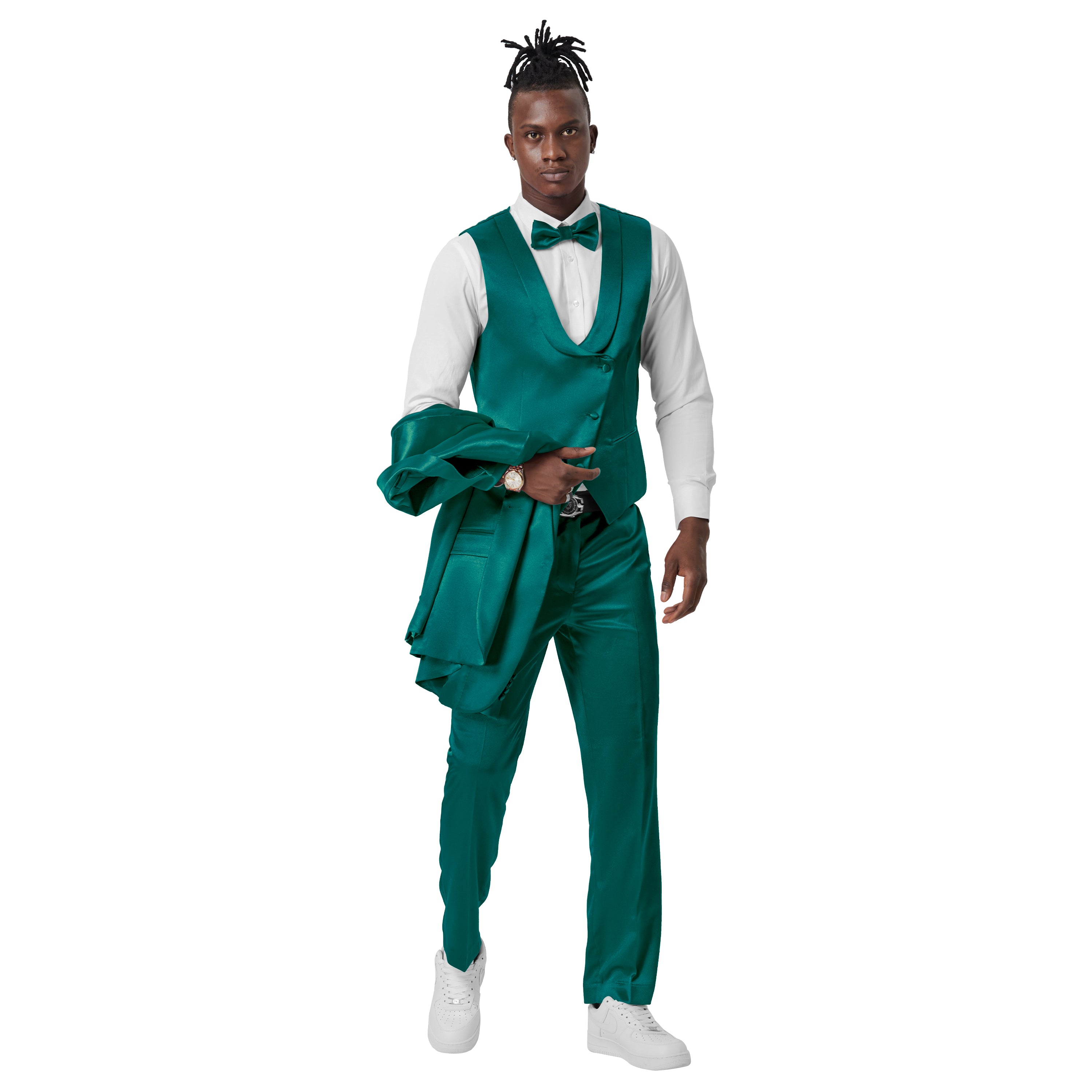Green Solid Shiny U-Shape Vest Mens-suit