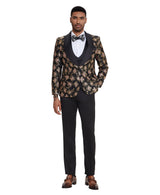 3 PC Floral Satin Shawl Collar Double Breasted Suit