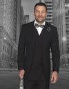 Men’s Black solid 3pc suit classic fit pleated pants double‑breasted vest super 150’s italian wool STATEMENT SUITS MESSINA