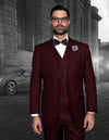 Men’s Burgundy solid 3pc suit classic fit pleated pants double‑breasted vest super 150’s italian wool STATEMENT SUITS MESSINA