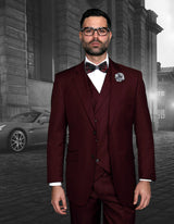 Men’s Burgundy solid 3pc suit classic fit pleated pants double‑breasted vest super 150’s italian wool STATEMENT SUITS MESSINA