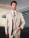 Men’s Tan solid 3pc suit classic fit pleated pants double‑breasted vest super 150’s italian wool STATEMENT SUITS MESSINA