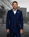 Men’s Sapphire solid 3pc suit classic fit pleated pants double‑breasted vest super 150’s italian wool STATEMENT SUITS MESSINA