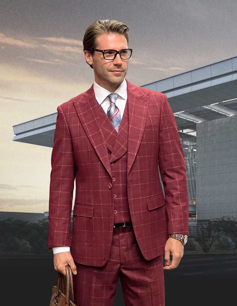 3Pc Sb1 Peak Lapel Plaid Suit With Double Breasted Vest. Super 200\'S Italian Wool And Cashmere| MONACO| Burgundy