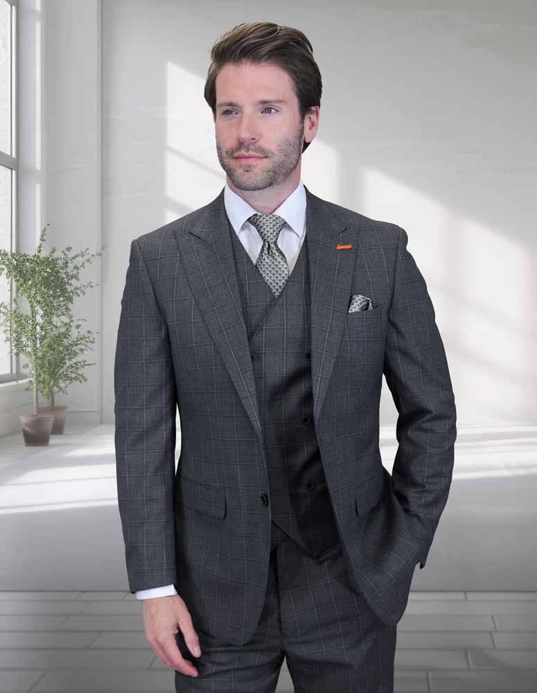 Men’s Charcoal 3-piece suit modern fit Italian Super 200’s wool flat front pants double-breasted vest STATEMENT SUITS MONTE