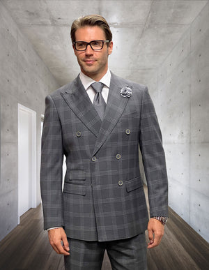 2Pc Plaid Double Breasted Suit. Super 200\'S Italian Wool And Cashmere. Modern Fit Flat Front Pants.| NAPLES| Gray