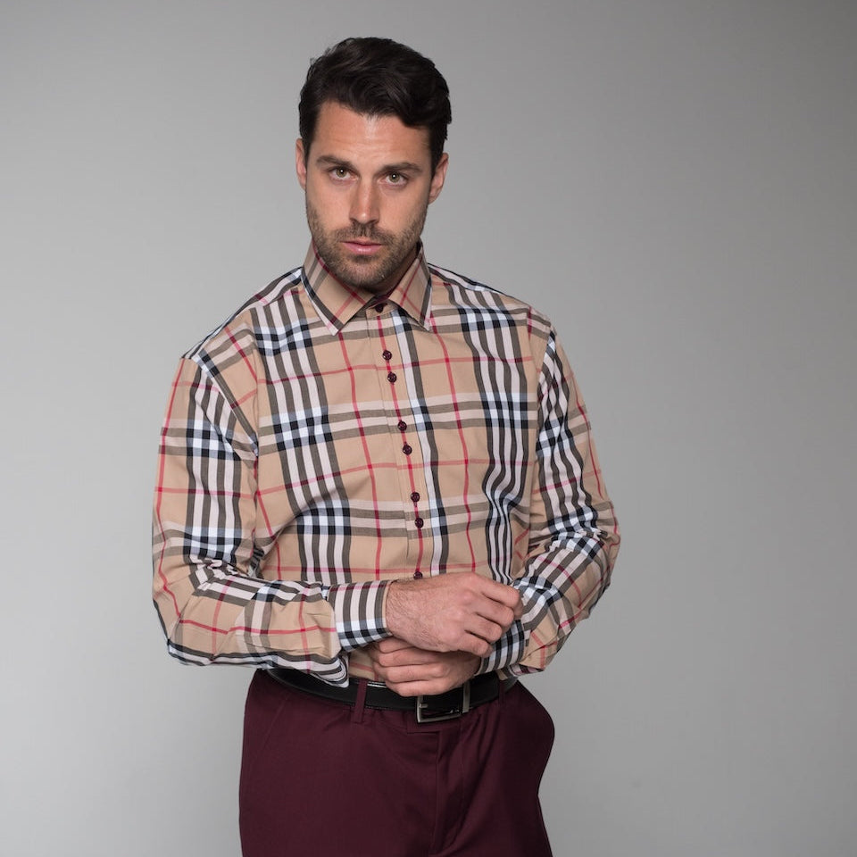 Tartan III Barrel Cuff Classic Collar Dress Shirt – Khaki | DS263
