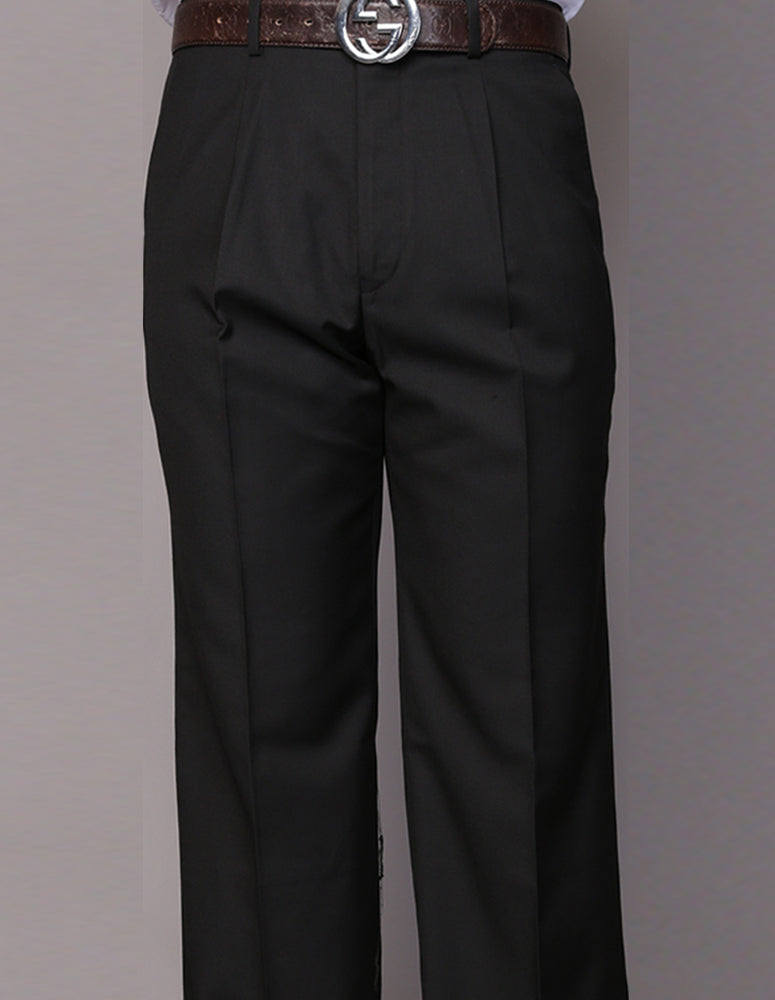 Men’s Black regular fit pleated pants super 150’s wool open inseam STATEMENT SUITS PA-200A